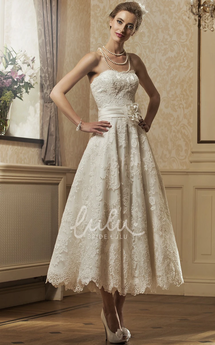 A-Line Lace Strapless Sleeveless Tea-Length Wedding Dress With Flower Classy Bridesmaid Dress