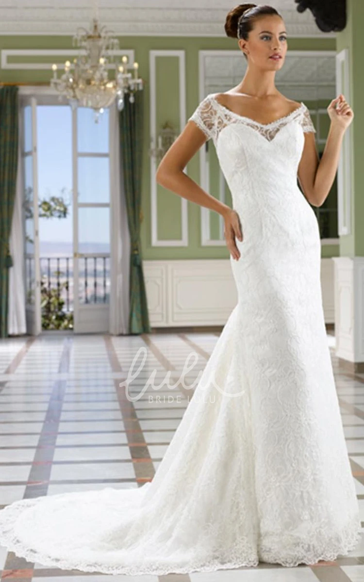 Short-Sleeve Illusion Lace Wedding Dress with V-Neck Sheath