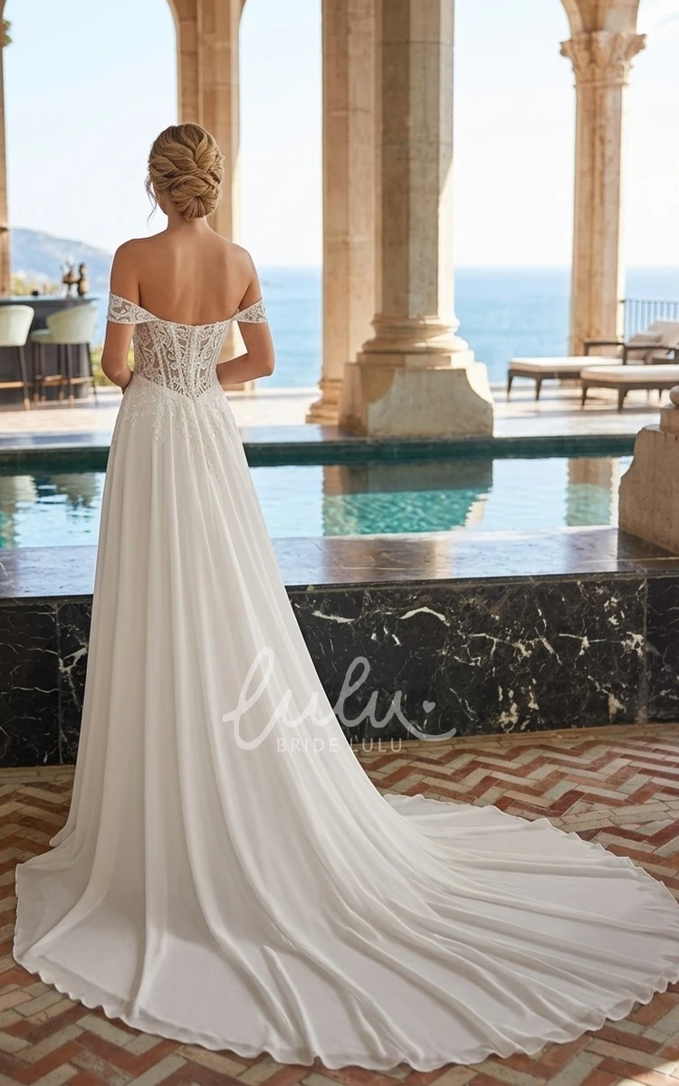 Sexy Floral A-Line Boho Lace Off the Shoulder Spring Wedding Dress Modern Elopement Sweetheart Plunging Neck Split Front Corset Back Appliques Bridal Gown