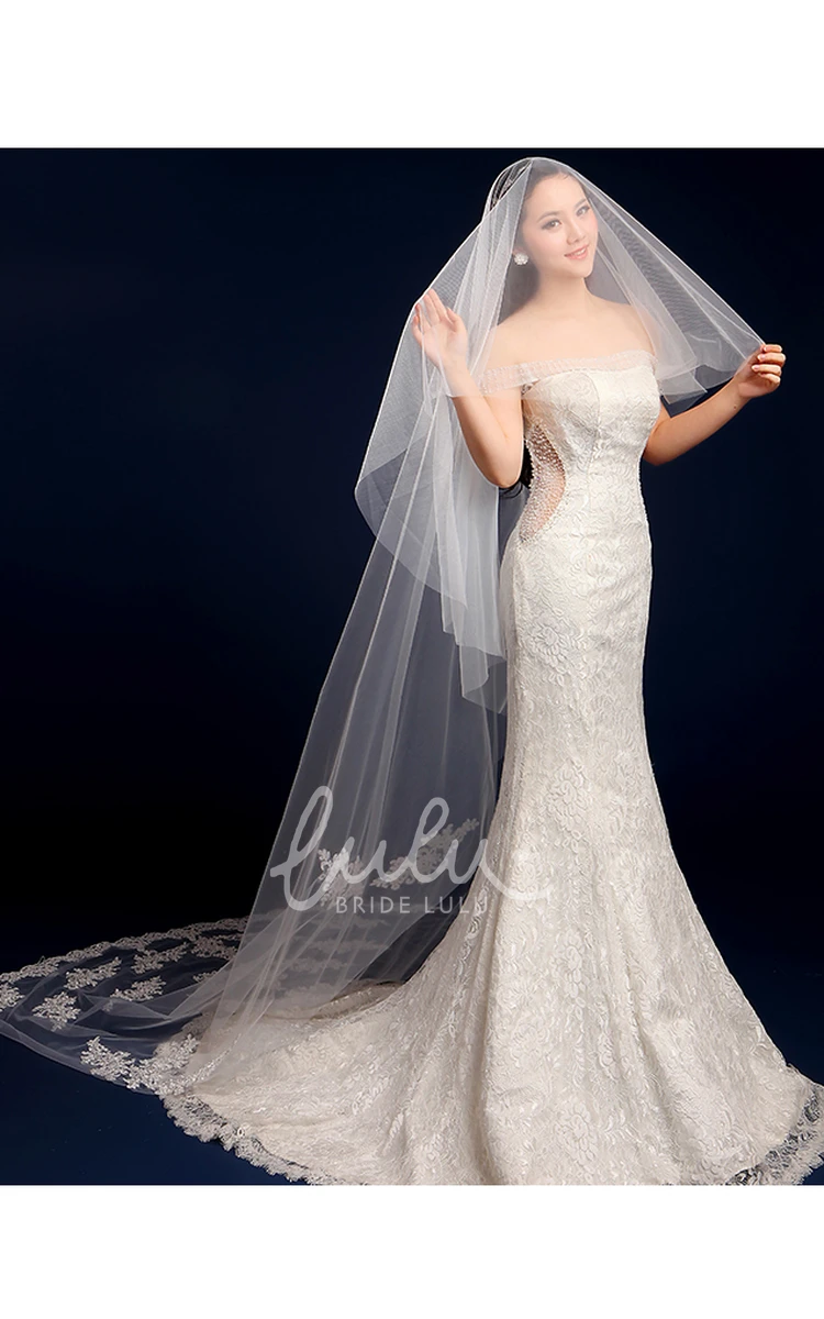 Cathedral Tulle Wedding Veil with Lace Edge and Appliques Classic Bridal Dress Accessory