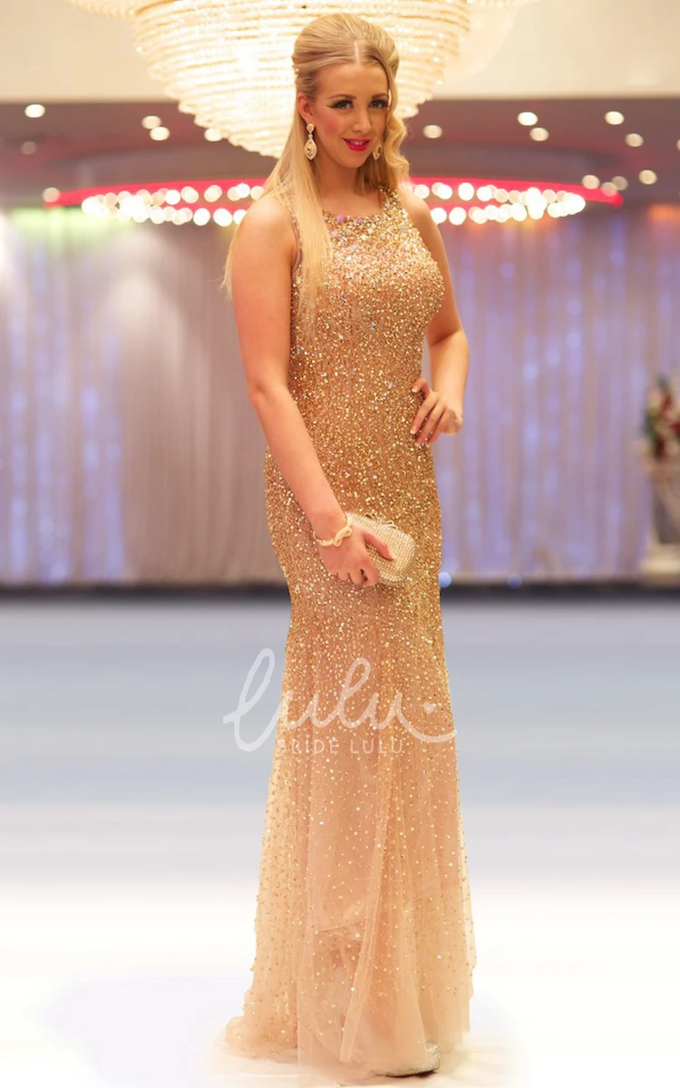 Sequin and Tulle Sheath Prom Dress with Scoop-Neck Floor-Length