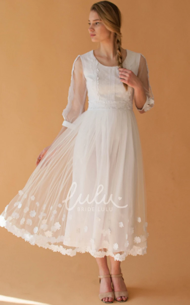 Tulle Bateau A-line Tea-length Wedding Dress Vintage and Delicate