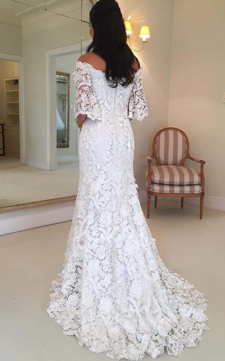 Off-shoulder Lace Sheath Wedding Dress with Zipper