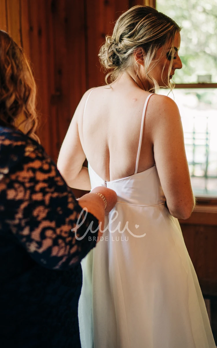 Simple Tulle A-Line Wedding Dress with Spaghetti V-Neck and Open Back Elegant