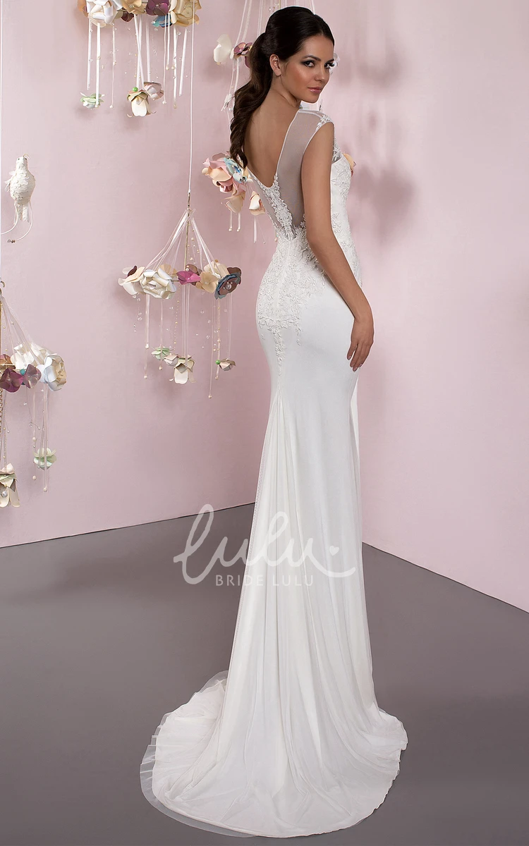 Maxi Jersey Pencil Wedding Dress with Cap-Sleeves and Low-V Back Modern Bridal Gown