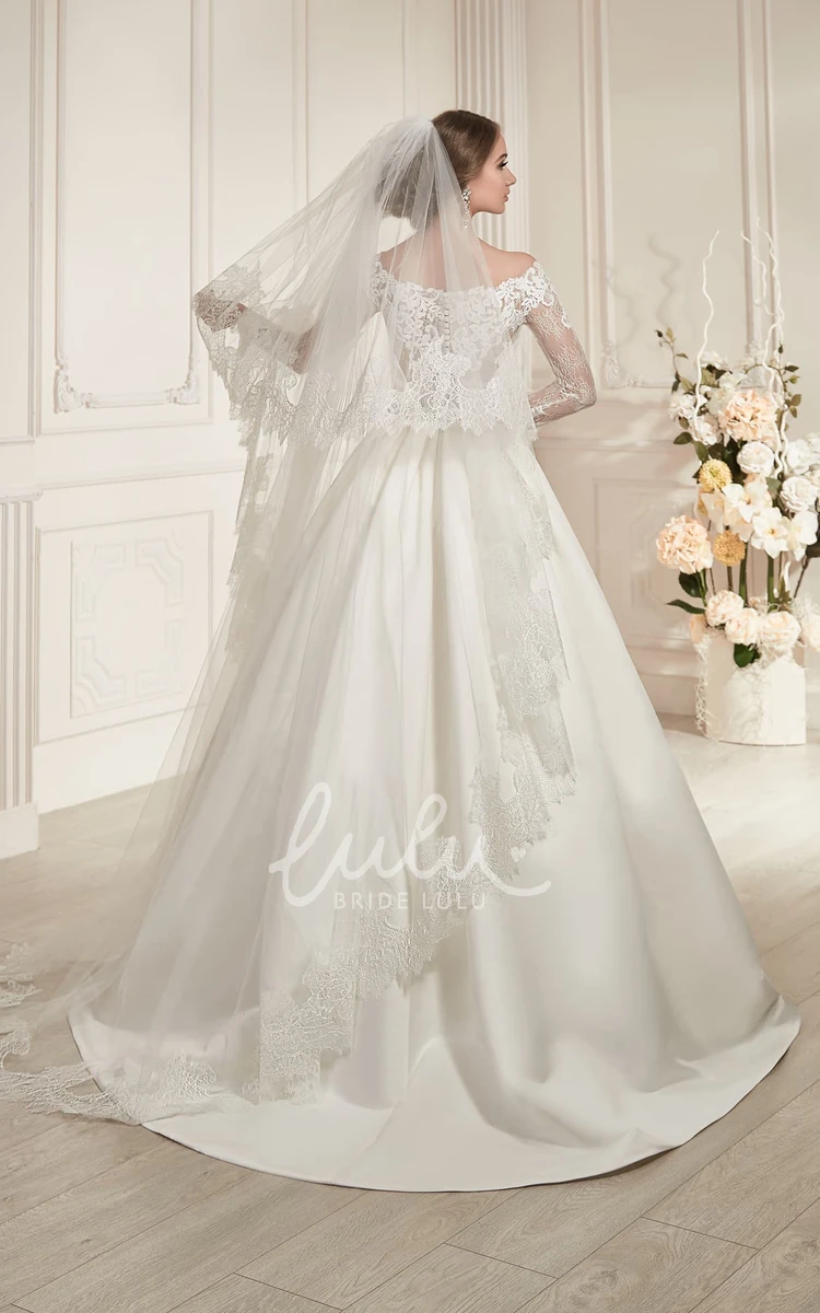 Illusion-Sleeve Satin Wedding Dress with Beading and Pleats