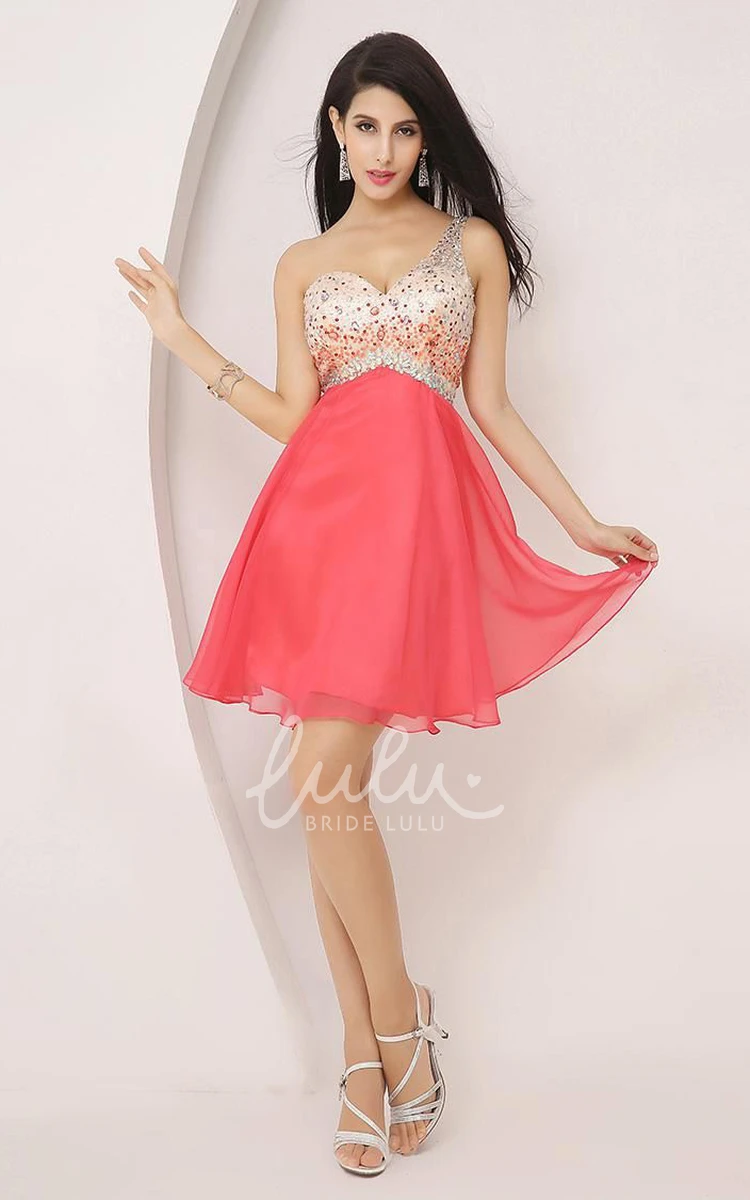 One-shoulder A-line Chiffon Homecoming Dress Sleeveless Mini Beaded Pleated