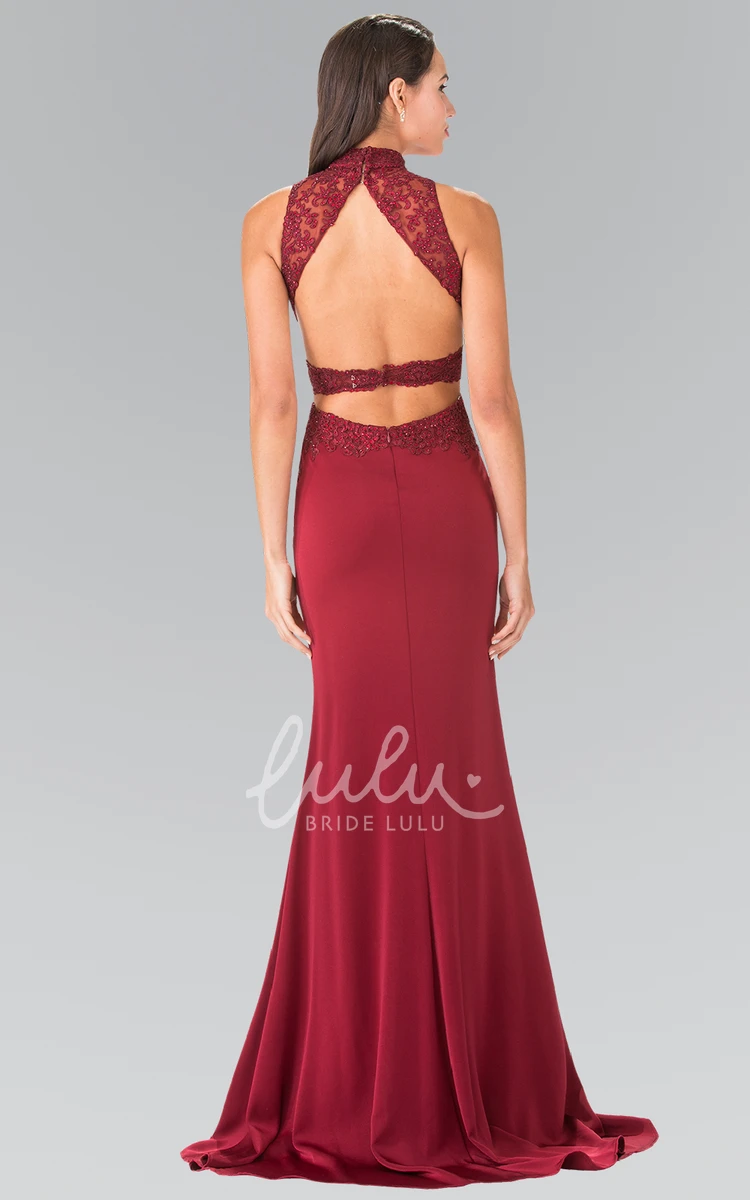 High Neck Sheath Jersey Bridesmaid Dress with Backless Design and Beading