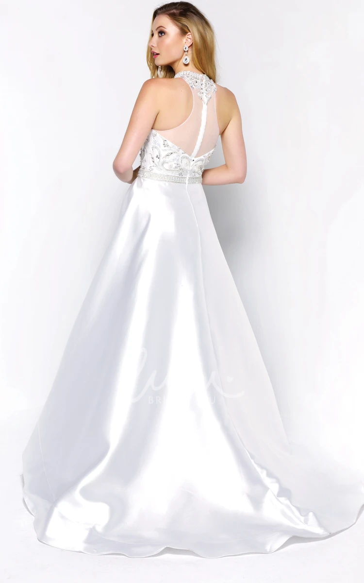 A-Line Satin Dress with Jewel-Neck and Beading for Bridesmaids