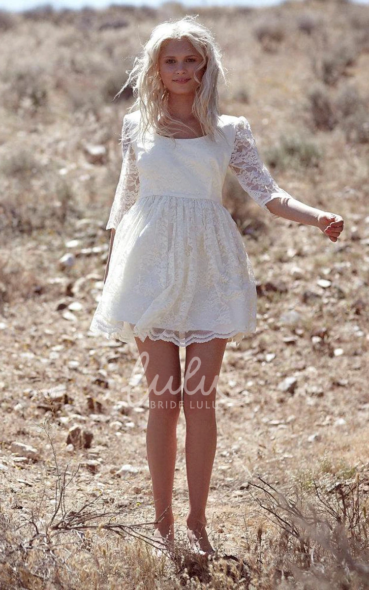 Short Lace Wedding Dress with Illusion Sleeves Pleats and Scoop Neck