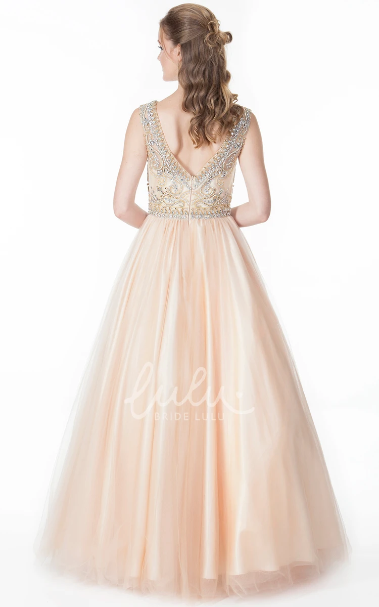 Beaded A-Line Tulle&Satin Prom Dress with Pleats Floor-Length Sleeveless Scoop-Neck