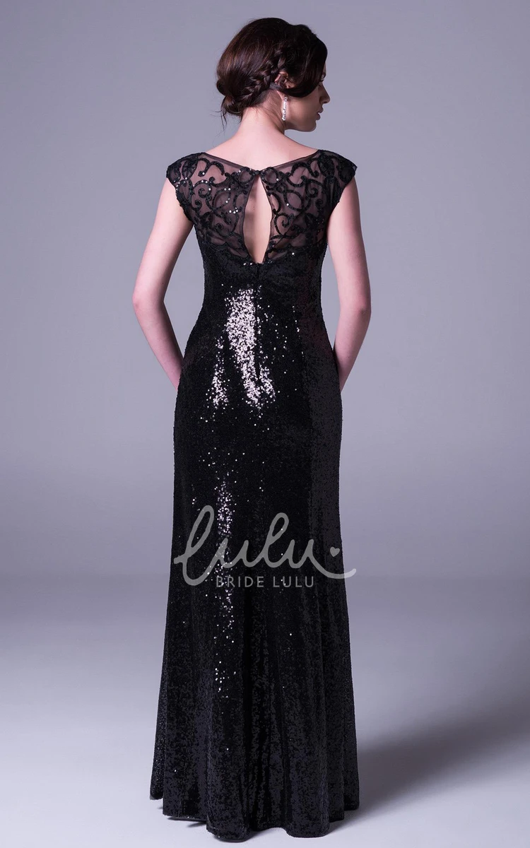 Appliqued Cap-Sleeve Sequin Prom Dress Sheath Floor-Length