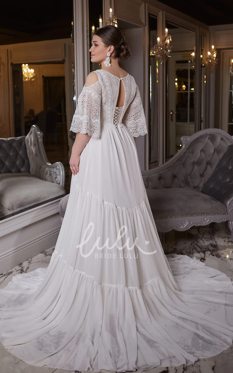 Chiffon V-neck A-Line Garden Wedding Dress with Keyhole Back Simple and Romantic