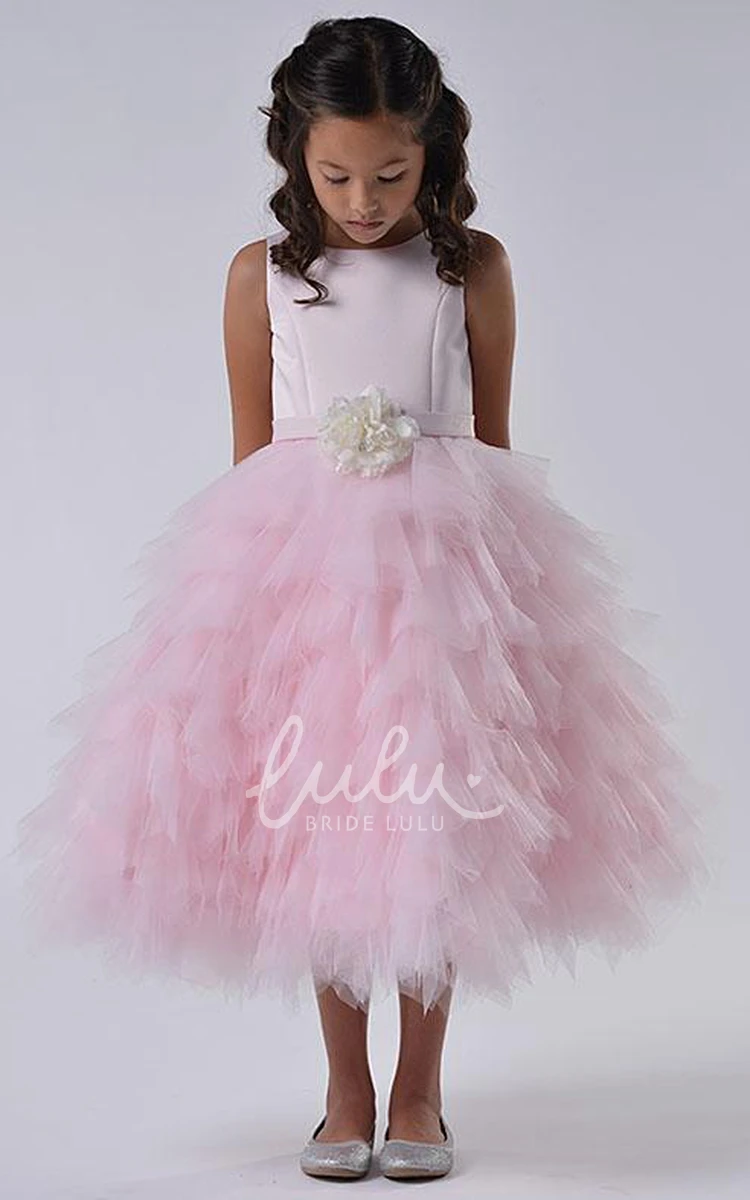 Tiered Tulle and Satin Flower Girl Dress with Ruffles and Floral Design