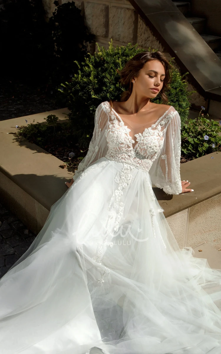 Bohemian Lace V-neck Wedding Dress with A-Line Silhouette and Zipper Back Flowy and Classy