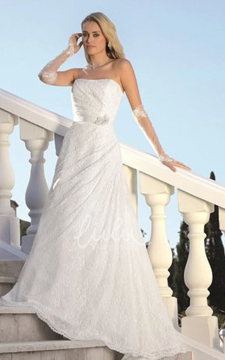 Lace A-Line Strapless Wedding Dress with Draping and Brooch