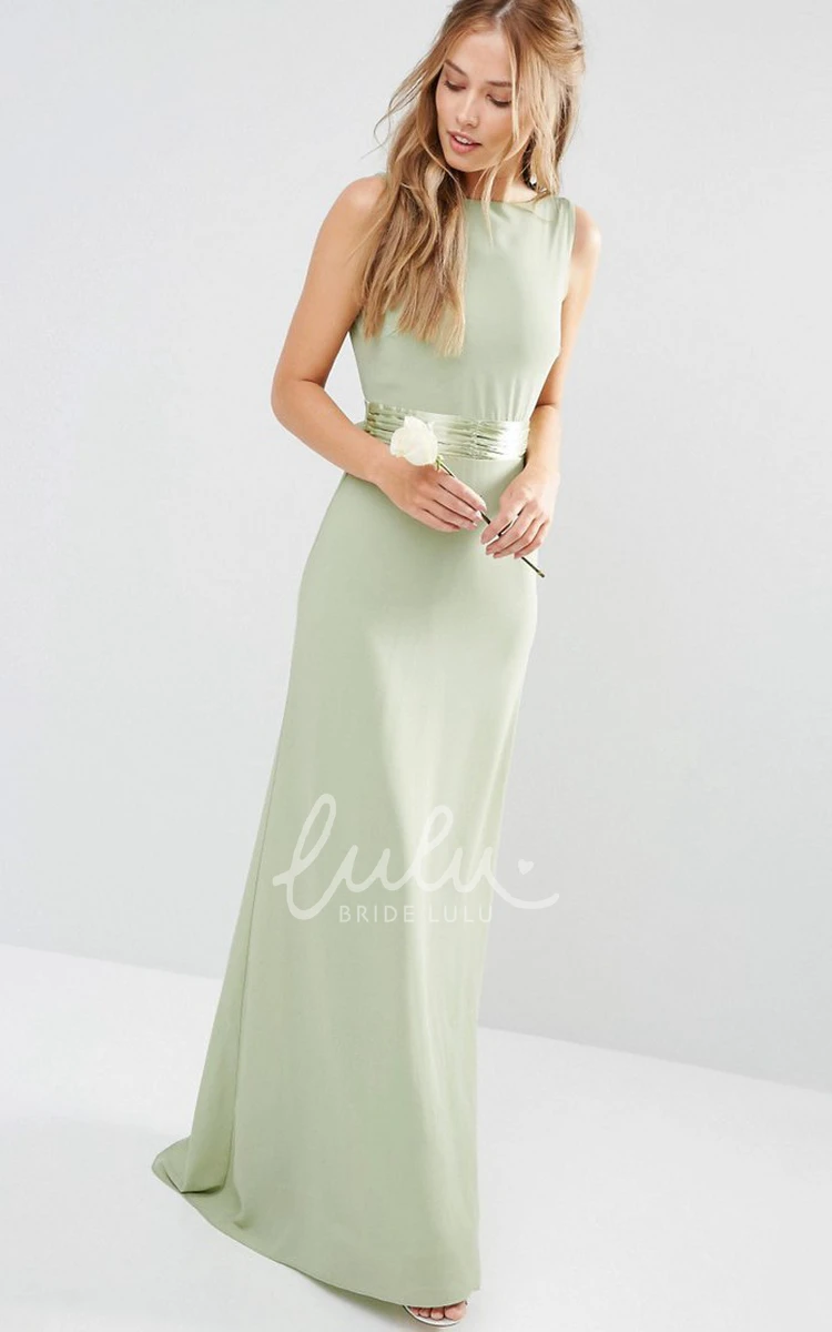 Sleeveless Sheath Chiffon Bridesmaid Dress with V Back and Bow