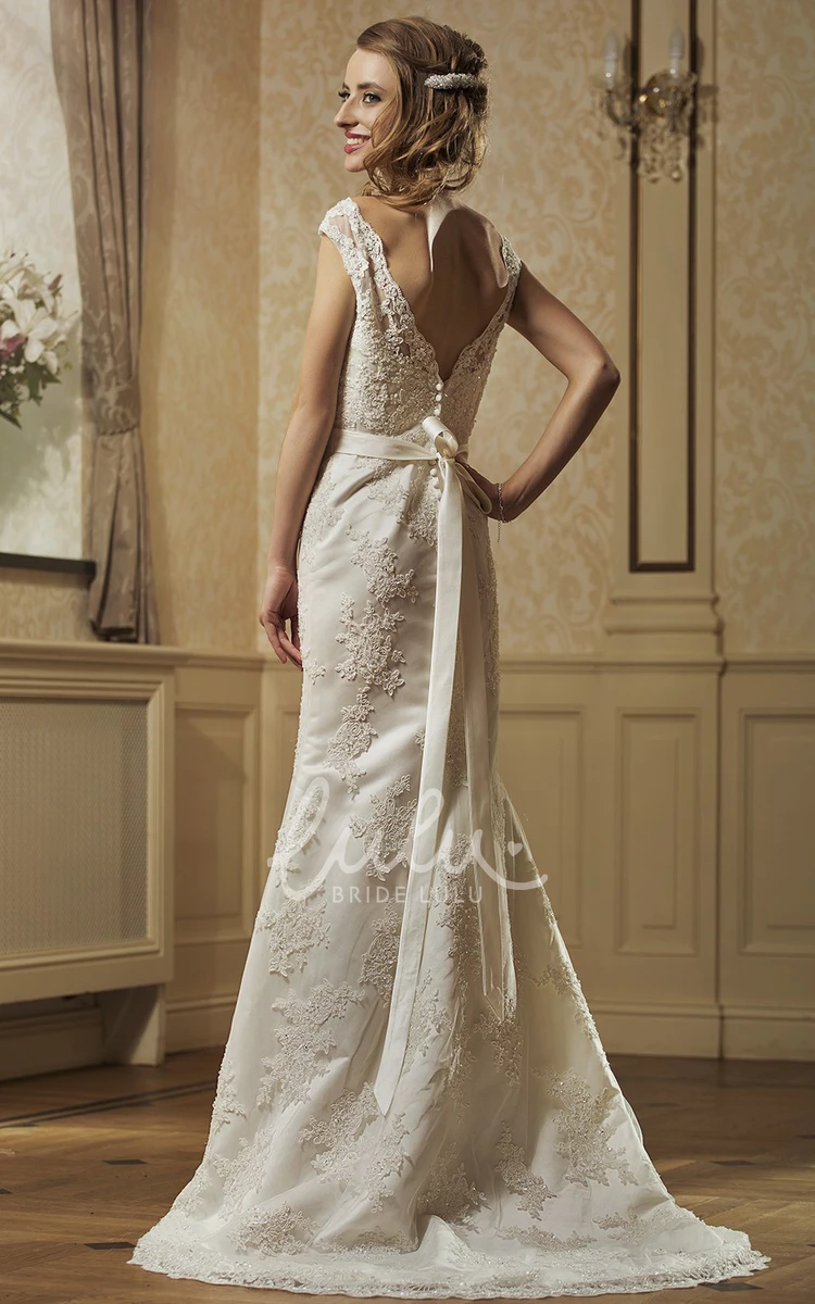 Lace Appliqued Cap-Sleeve Sheath Wedding Dress with Waist Jewelry and Bow Elegant Wedding Dress