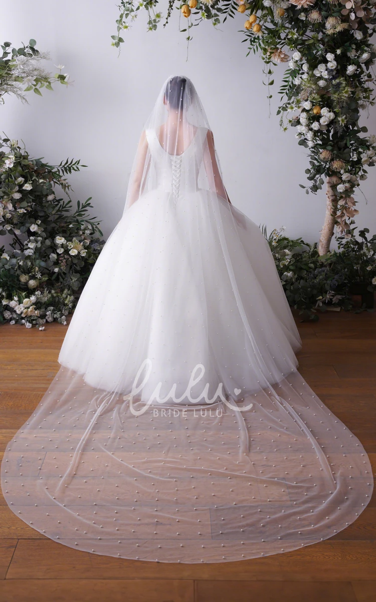 Timeless Elegant One Tier Cathedral Length Pearl Tulle Bridal Veil