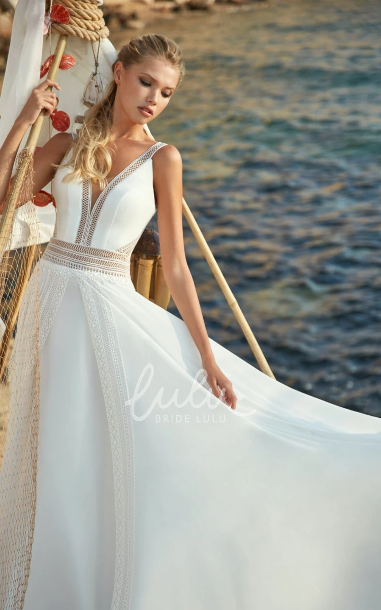 V-neck Chiffon Lace A-Line Wedding Dress with Open Back and Flowers Casual