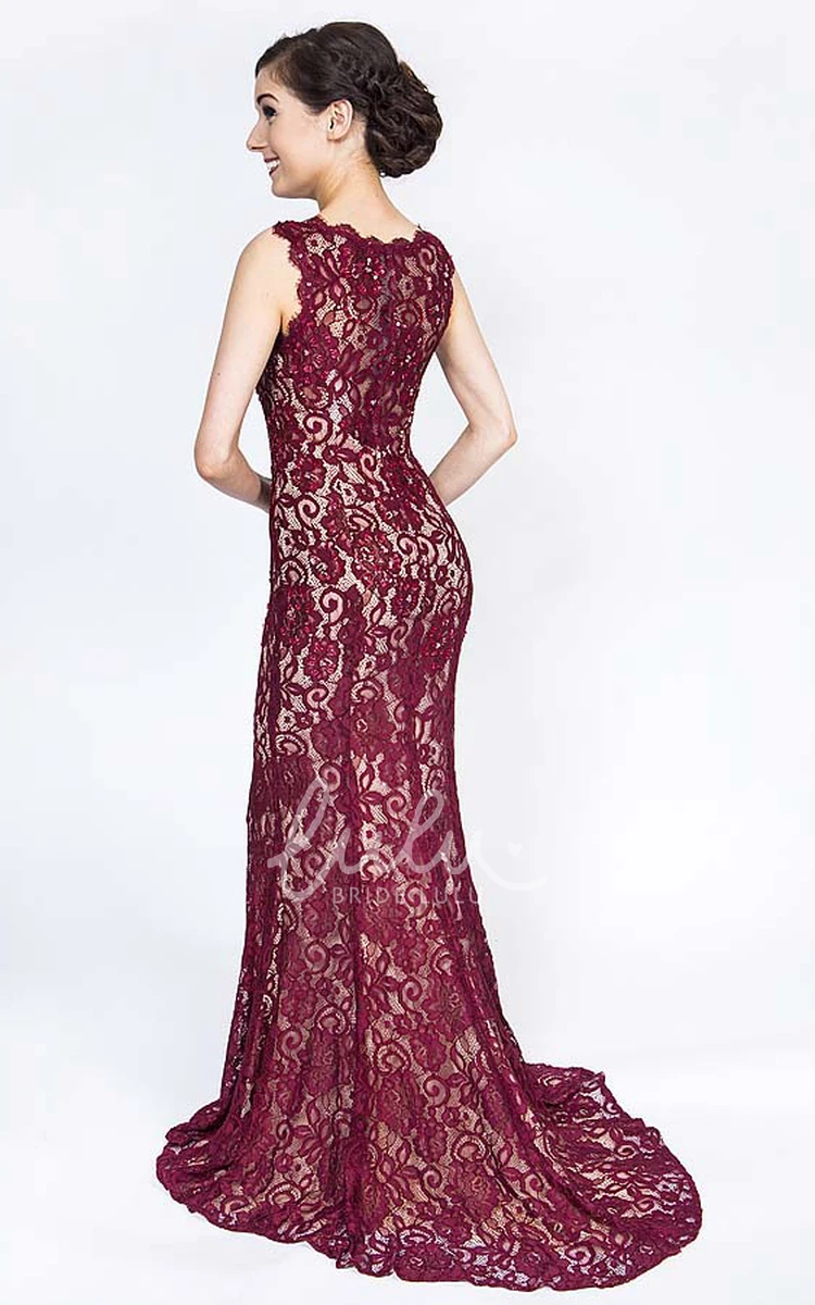 Sheath Lace Maxi Prom Dress with Illusion Back and Brush Train Classy Sleeveless Dress