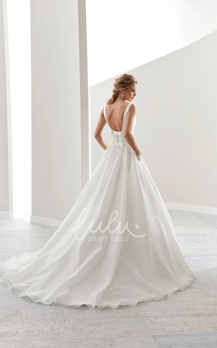 Satin Bridal Gown with Deep V-Neck Open Back Cap Sleeves and Wide Waistband