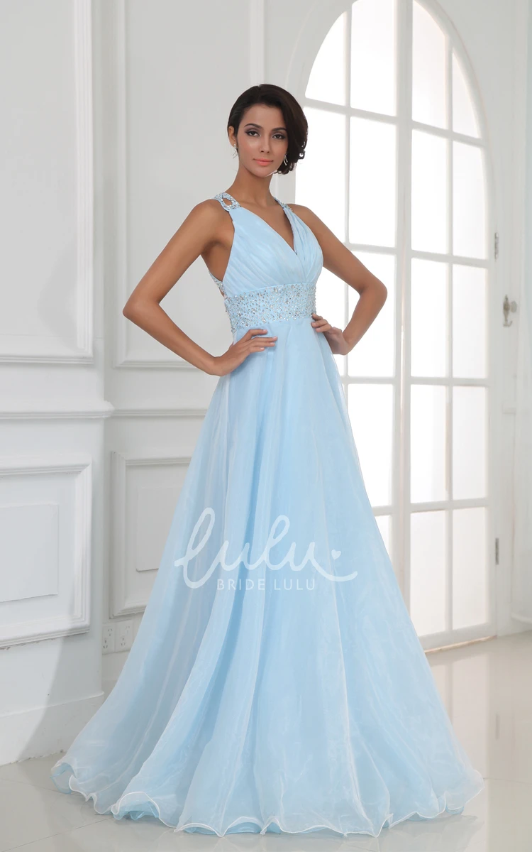 Halter V-Neck A-Line Formal Dress with Sequined Waist Flowy Beach Bridal Gown