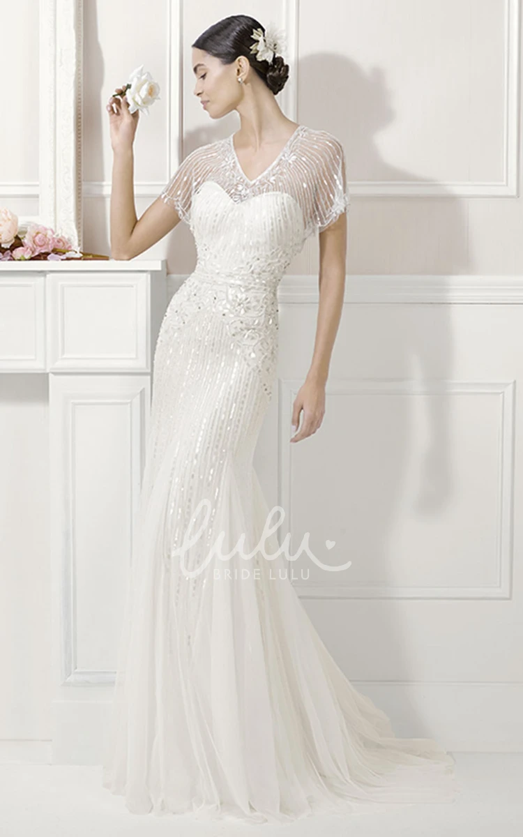 V-Neck Sheath Tulle Wedding Dress with Batwing Sleeves and Sequins