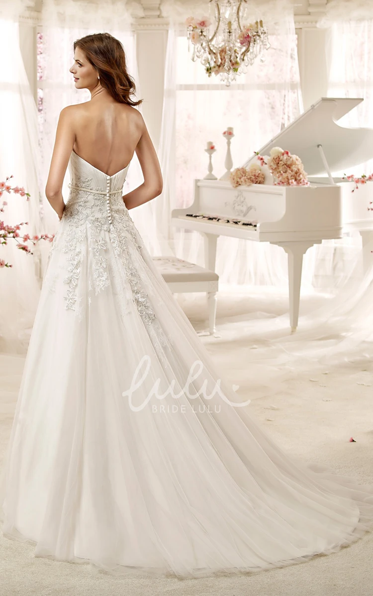 A-line Wedding Dress with Beaded Appliques and Brush Train Sweetheart Style