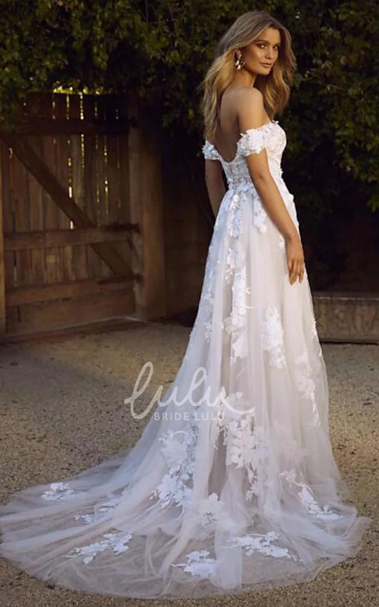 Sexy Beach A-Line Boho Lace Wedding Dress Elegant Ethereal Floral Off-the-Shoulder Floor-Length Bridal Gown with Appliques