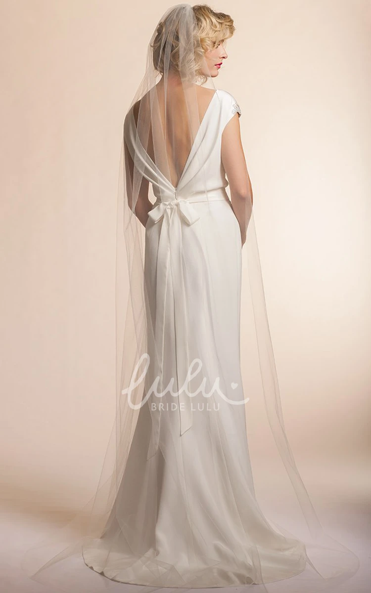 Jeweled Cap-Sleeve V-Neck Chiffon Wedding Dress Floor-Length
