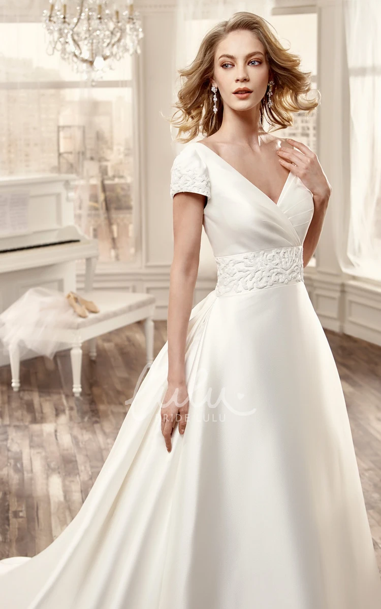 Satin Long Wedding Dress with V-Neck Floral Waistband and Low-V Back