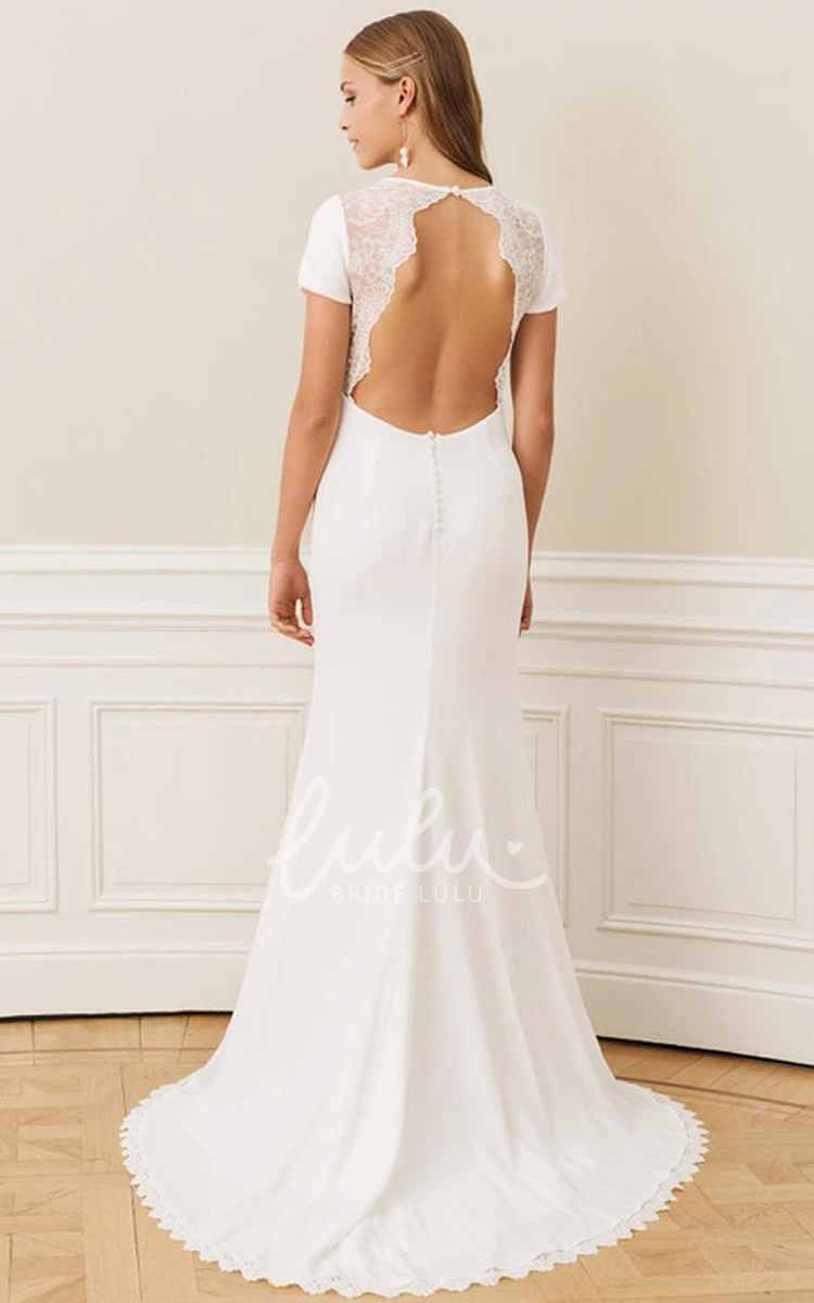Vintage Scalloped Sheath Wedding Dress with Chiffon Lace and Floor-length Sweep Train