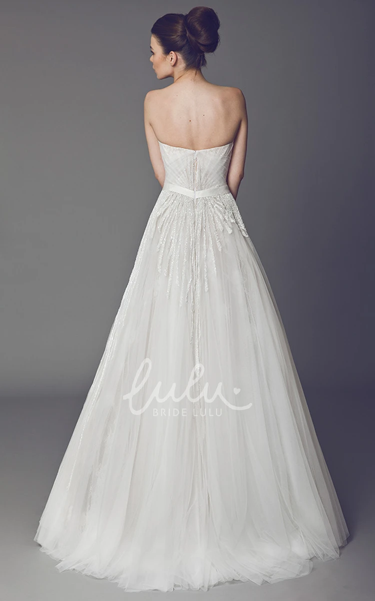 Ruched Strapless Tulle Wedding Dress with Brush Train and V-Back Modern Bridal Gown