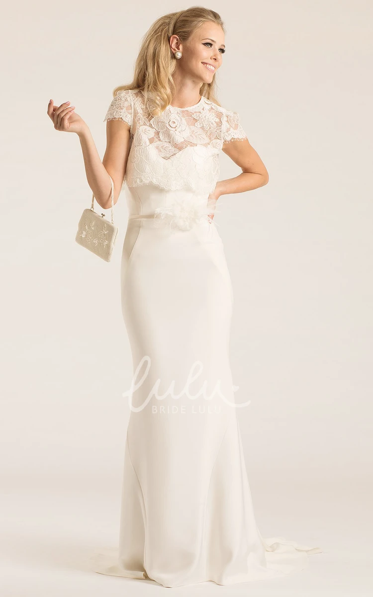 Short-Sleeve Lace Chiffon Wedding Dress Maxi with Sweep Train and Scoop Neck