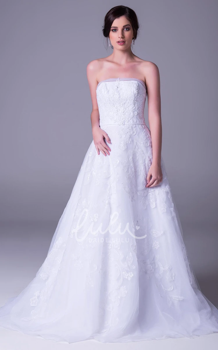 Strapless A-Line Tulle Wedding Dress with Appliques and Floor-Length