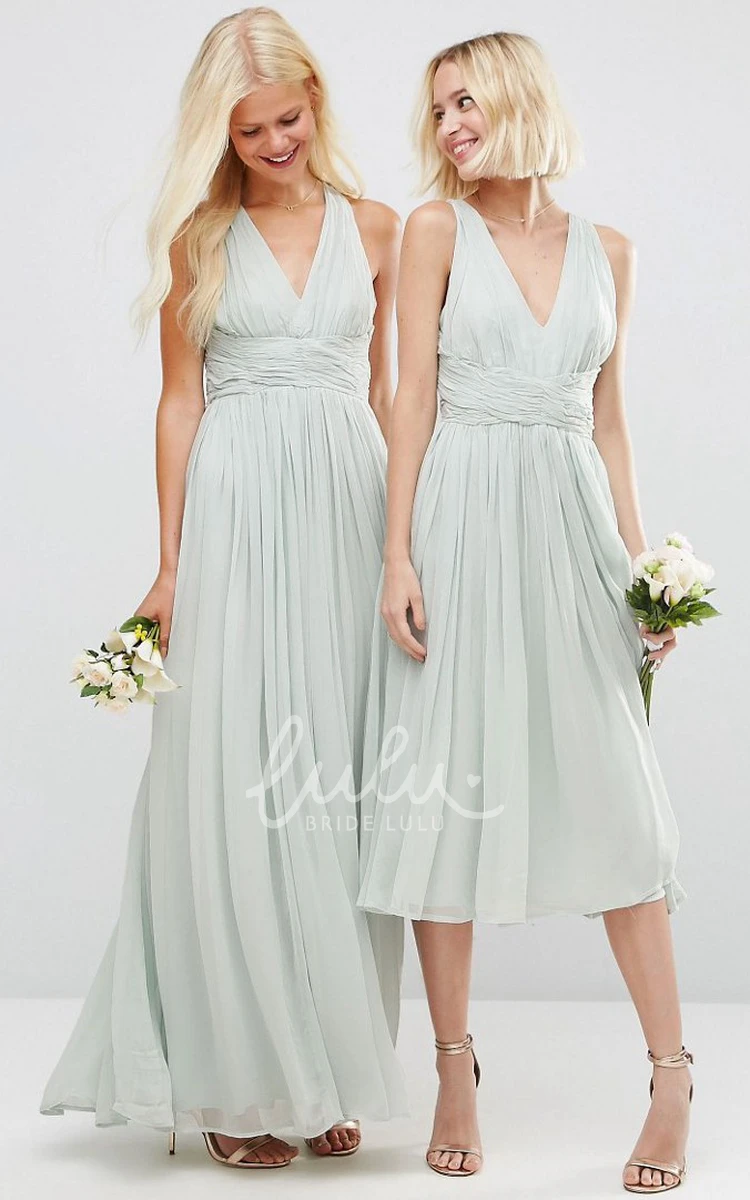 Knee-Length Chiffon Bridesmaid Dress V-Neck Sleeveless with Ruching and Straps