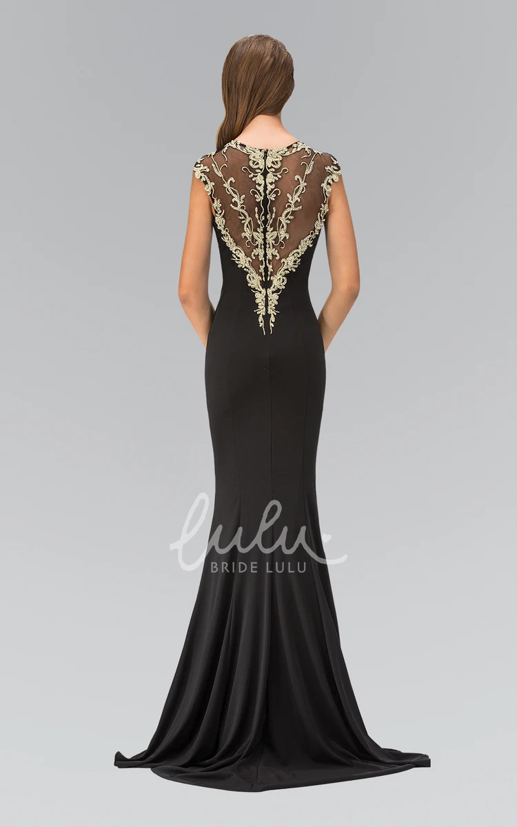 Cap-Sleeve Beaded Illusion Sheath Dress Long Scoop-Neck Jersey