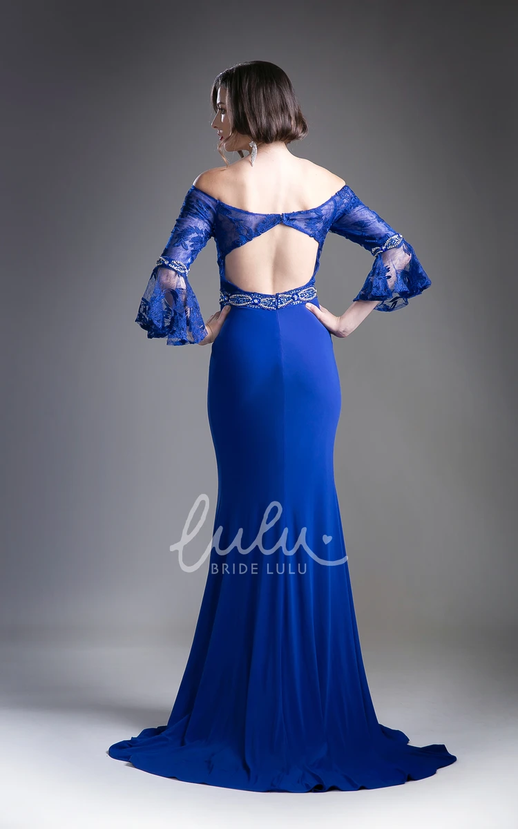 Off-The-Shoulder Puff-Sleeve Jersey Formal Dress with Beading and Appliques