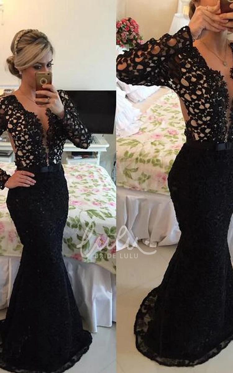 V-Neck Mermaid Prom Dress with Newest Black Lace and Long Sleeves