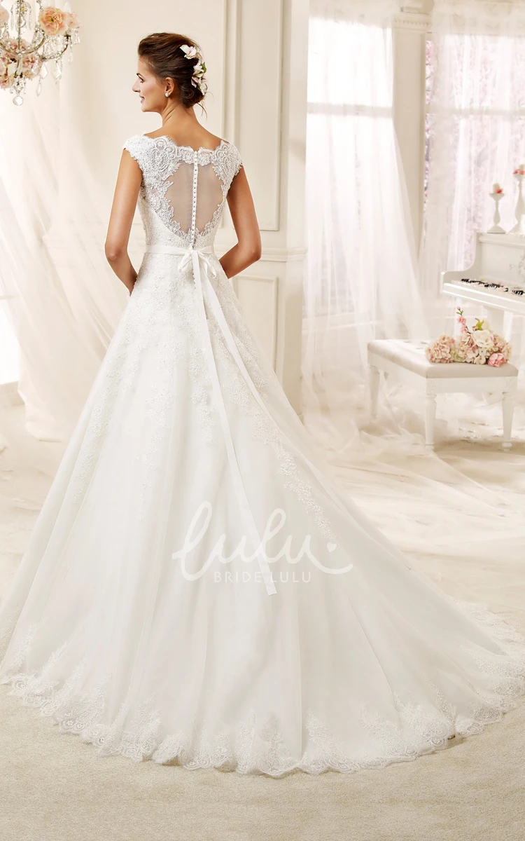 Cap-Sleeve A-line Wedding Dress with Appliques and Scalloped Neckline