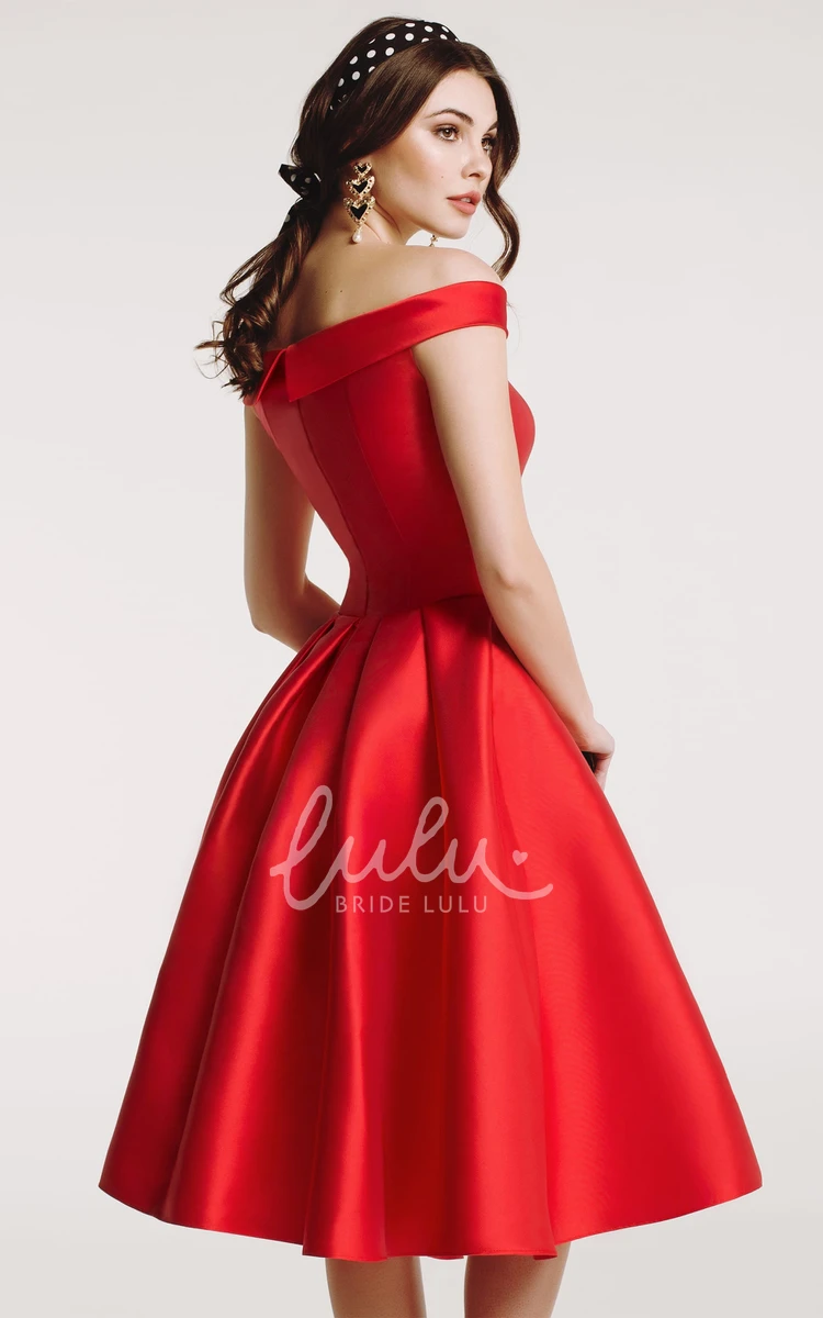 Vintage Satin Off-the-Shoulder A-Line Homecoming Dress with Pleats Elegant Formal Knee-Length Prom Party Dress