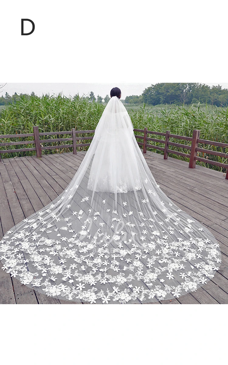 Ethereal Korean Lace Applique Wedding Veil with Extra Length