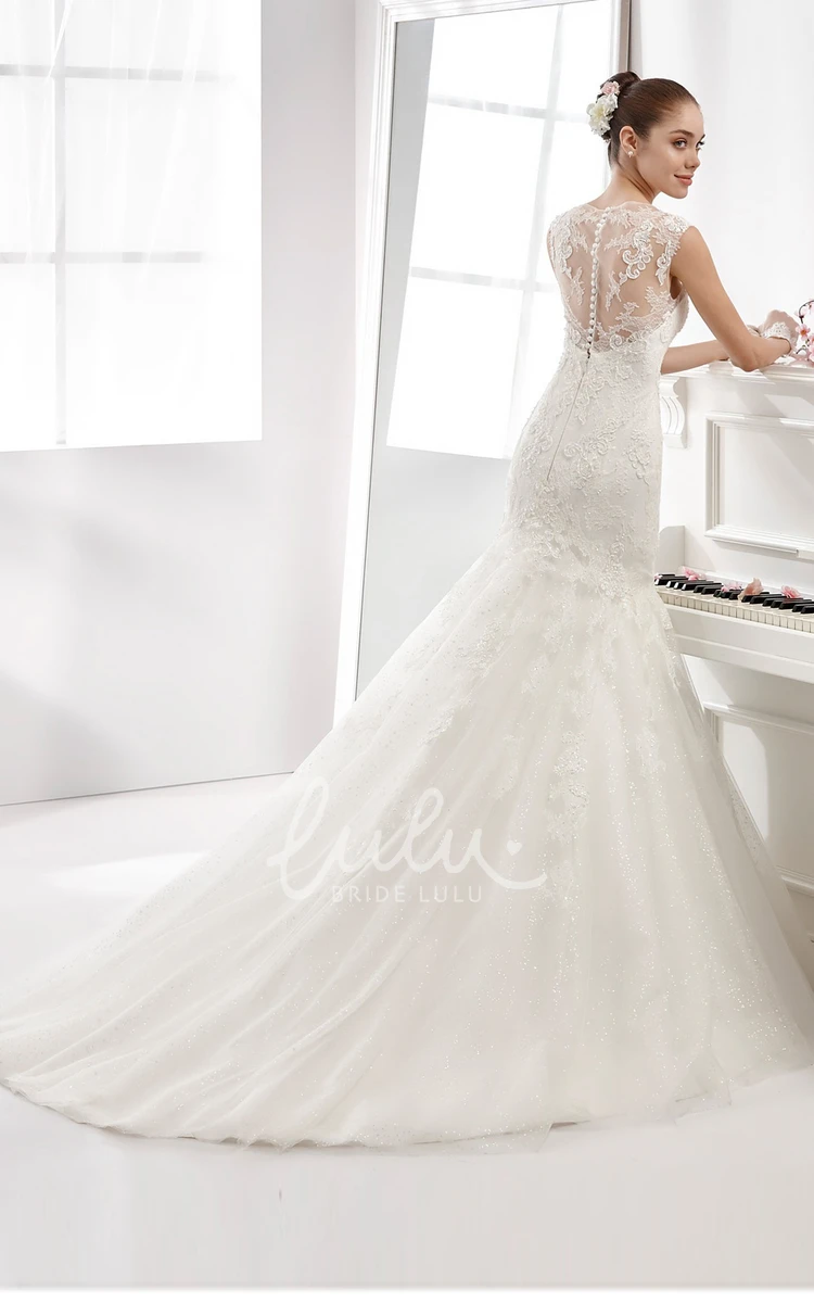 Lace Cap-Sleeve Mermaid Wedding Dress with Illusive Neckline