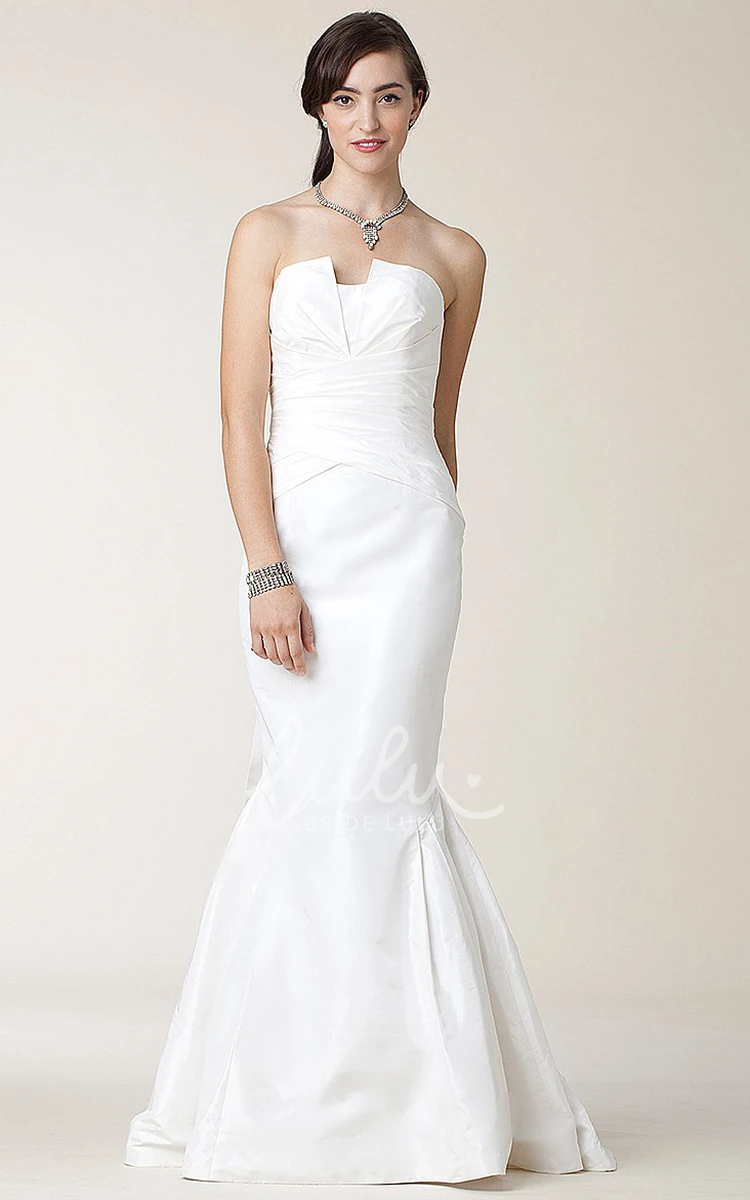 Strapless Ruched Sleeveless Taffeta Trumpet Wedding Dress with Bow Classy Wedding Dress