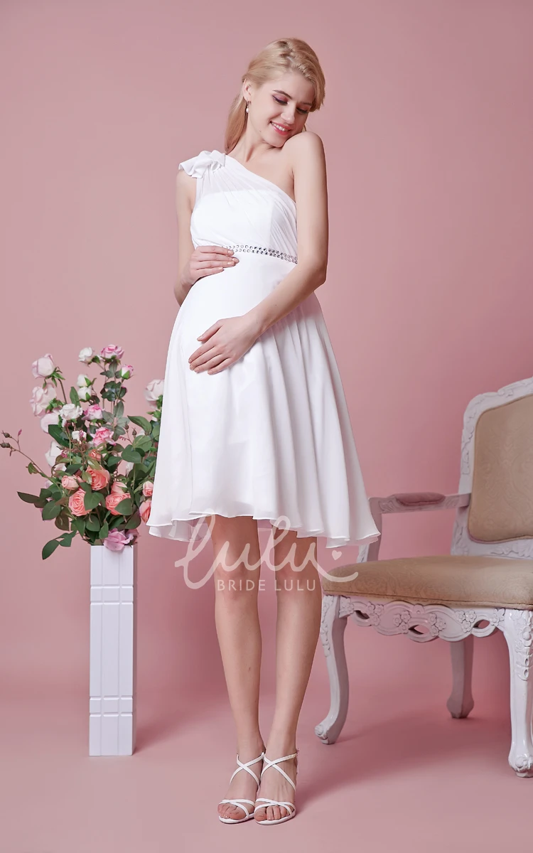 Short Chiffon Maternity Wedding Dress One Shoulder with Beading Elegant Bridal Gown