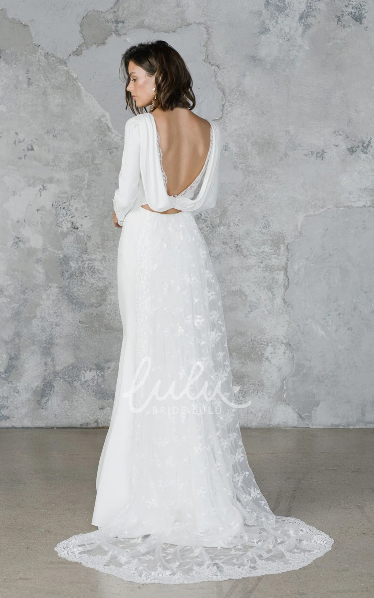 Chiffon & Tulle Sheath Long Sleeve Backless Wedding Dress Elegant & Flowy