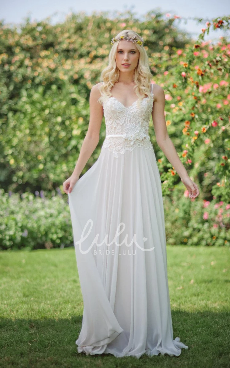 Chiffon Lace Wedding Dress with Beading Flower and Lace-Up Back Boho Bridal Gown