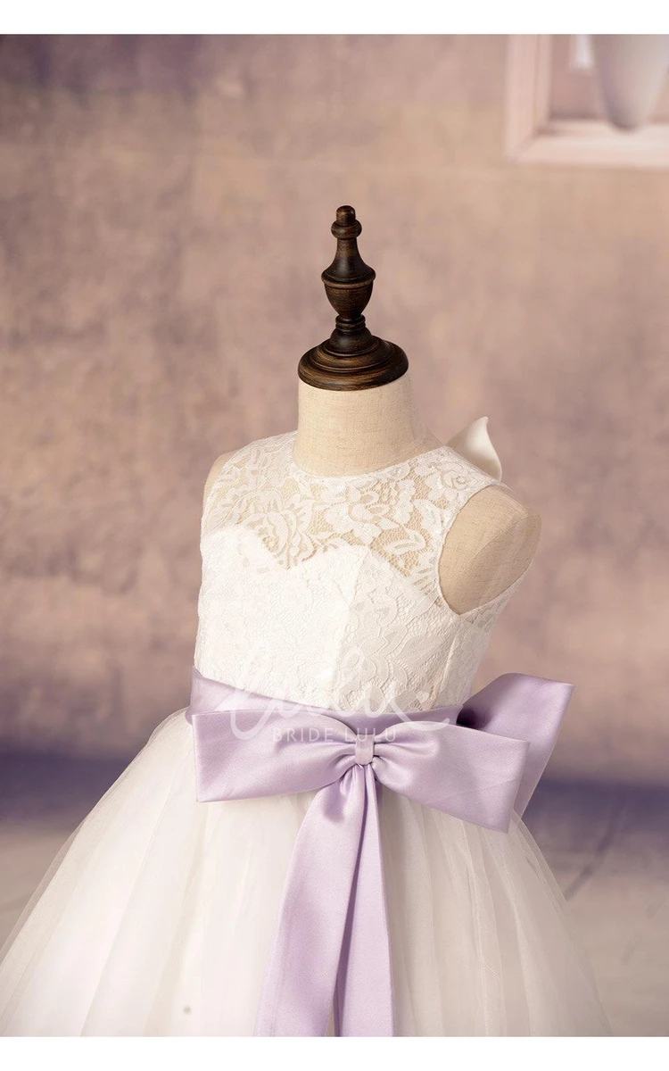 Tulle Flower Girl Dress with Lace Top and Satin Sash