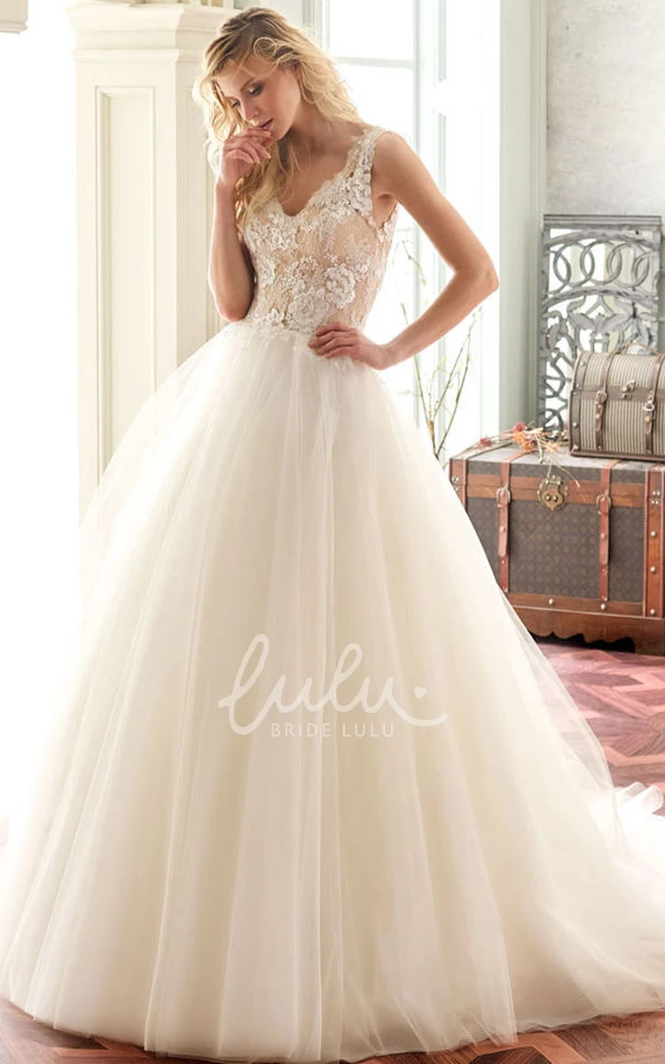 V-Neck Appliqued Tulle Wedding Dress with Court Train A-Line Ball-Gown